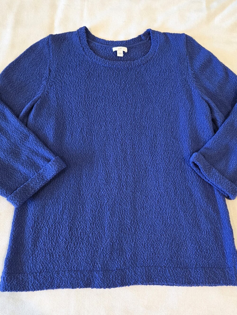 J. Jill Blue Cotton Blend Crew Neck Sweater Large Textuted Knit 3/4 Sleeve